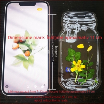Dimensiune mare: Primăvara în sticluță — Autocolante transparente DIY pentru artă din frunze pentru copii și semne de carte cu flori uscate