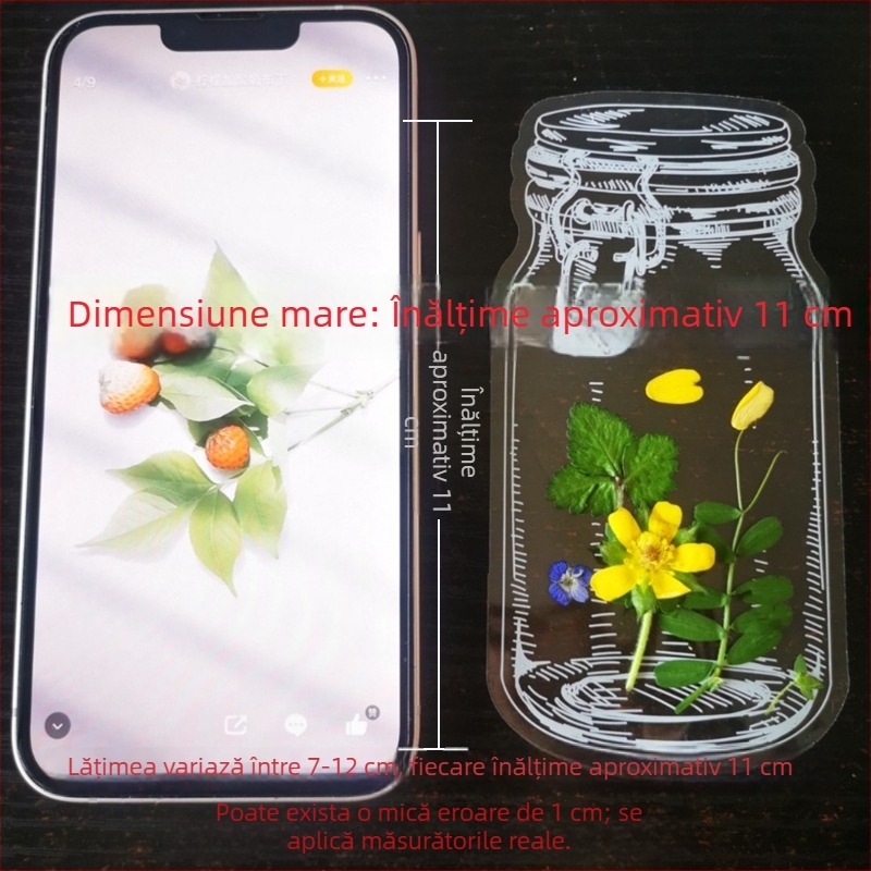 Dimensiune mare: Primăvara în sticluță — Autocolante transparente DIY pentru artă din frunze pentru copii și semne de carte cu flori uscate
