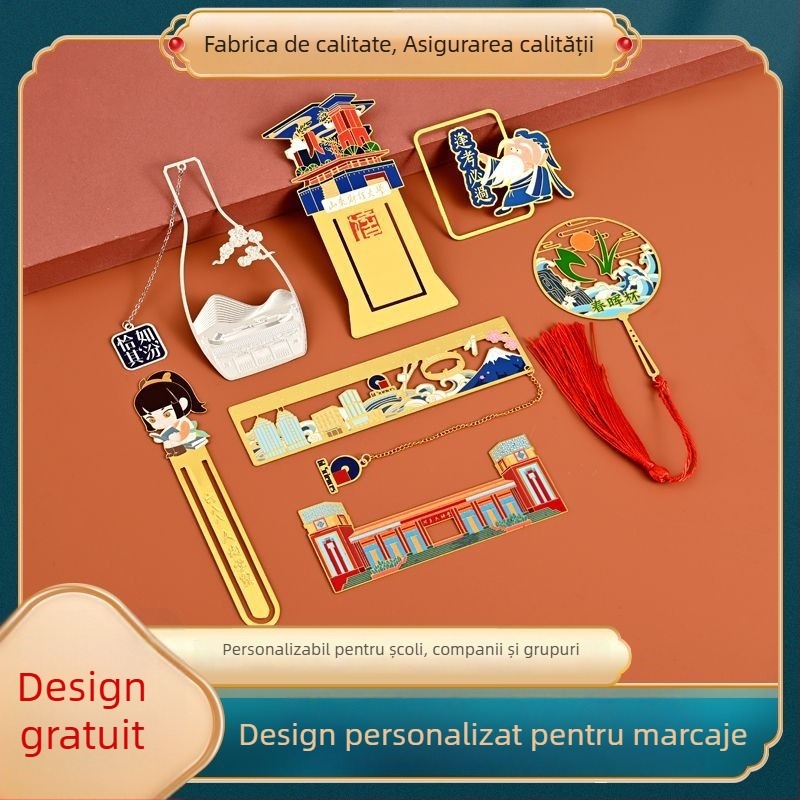 Semn de carte din alamă, în stil chinezesc, cu decupaj ornamental, personalizabil, inspirat de muzee și obiective turistice