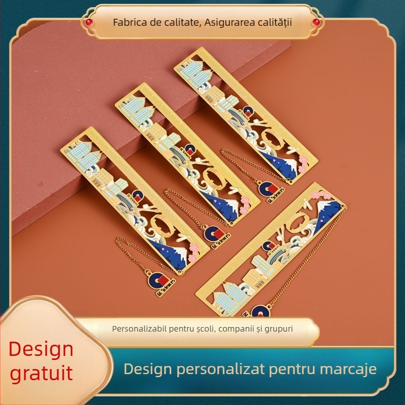 Semn de carte din alamă, în stil chinezesc, cu decupaj ornamental, personalizabil, inspirat de muzee și obiective turistice