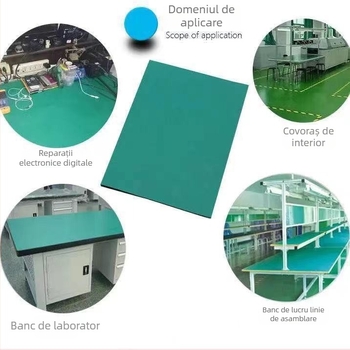 Covoraș din cauciuc lucios, verde, antistat, 2 mm, pentru mese și laboratoare – rezistent la abraziune și la presiune