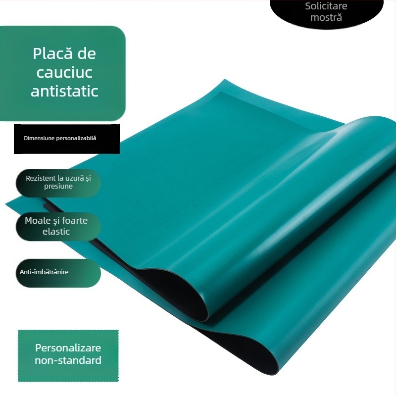 Covoraș din cauciuc lucios, verde, antistat, 2 mm, pentru mese și laboratoare – rezistent la abraziune și la presiune