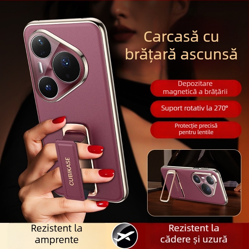 Husă Huawei Pura80 Ultra cu brățară pentru încheietură și suport rotativ — textură piele Napa electroplacată