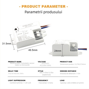 Senzor de mișcare cu microunde, 220V, 100W, radar și detectare a luminii pentru iluminat inteligent în casă