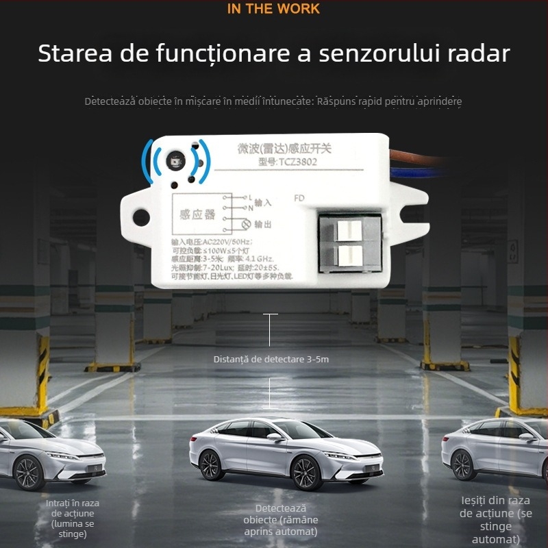 Senzor de mișcare cu microunde, 220V, 100W, radar și detectare a luminii pentru iluminat inteligent în casă