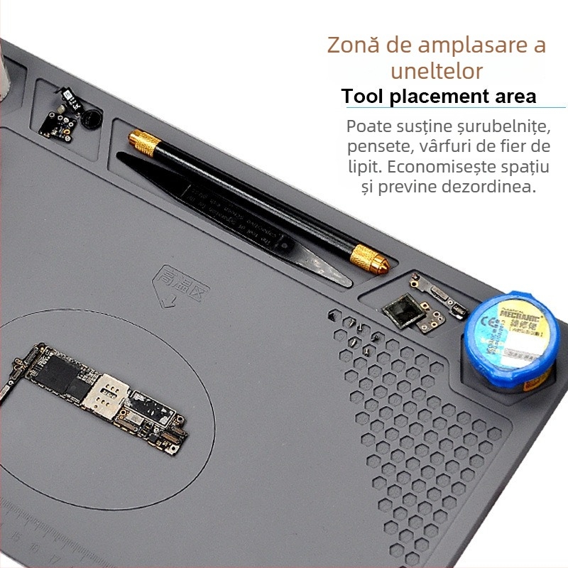 Covoraș de lucru din silicon antistatic pentru reparații telefoane și calculatoare, rezistent la temperaturi și cu izolație termică, modelul 615, potrivit pentru lipit și pentru lucrul cu pistolul de aer cald