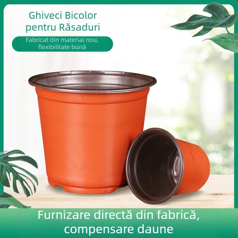 Ghiveci plastic pentru răsaduri, bicolor, cu pereți groși, diametru mare și bază