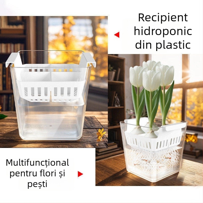 Ghivece hidroponice cu compartimente pentru lalele și crini, transparente și vizibile, cu un recipient de plantare albastru, aerate, pentru uz casnic