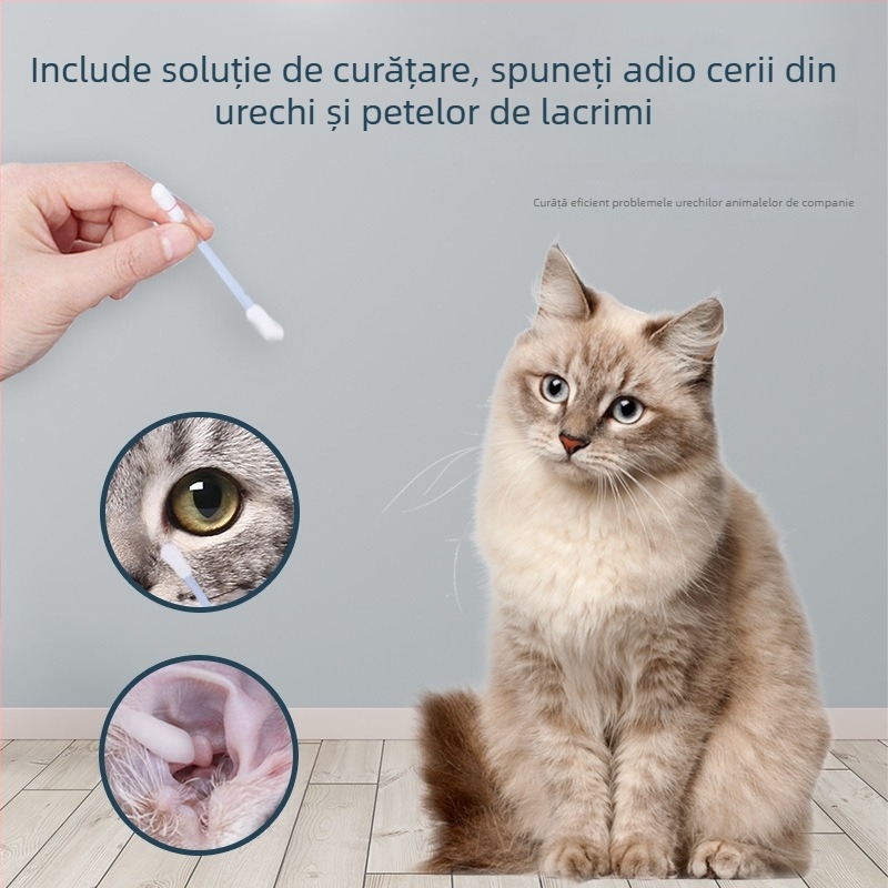 Tamponi de bumbac de unică folosință pentru curățarea canalului auditiv al animalelor de companie, cu soluție de curățare încorporată – pentru pisici și câini