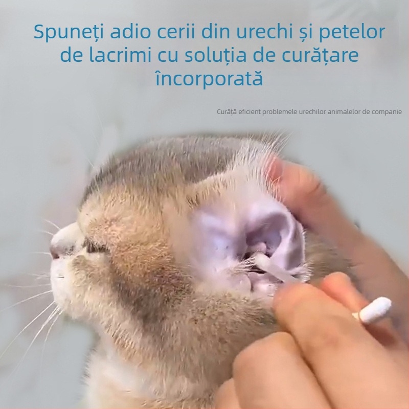 Tamponi de bumbac de unică folosință pentru curățarea canalului auditiv al animalelor de companie, cu soluție de curățare încorporată – pentru pisici și câini