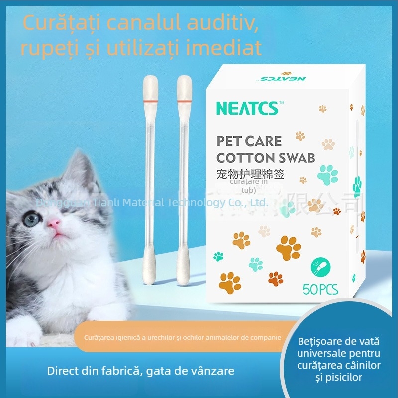 Tamponi de bumbac de unică folosință pentru curățarea canalului auditiv al animalelor de companie, cu soluție de curățare încorporată – pentru pisici și câini