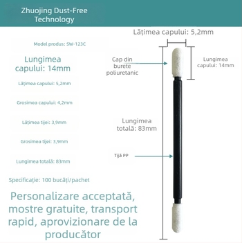 Bețișor de curățare antistatice cu vârfuri din burete SW-123C, tijă neagră, curățare de precizie sterilă