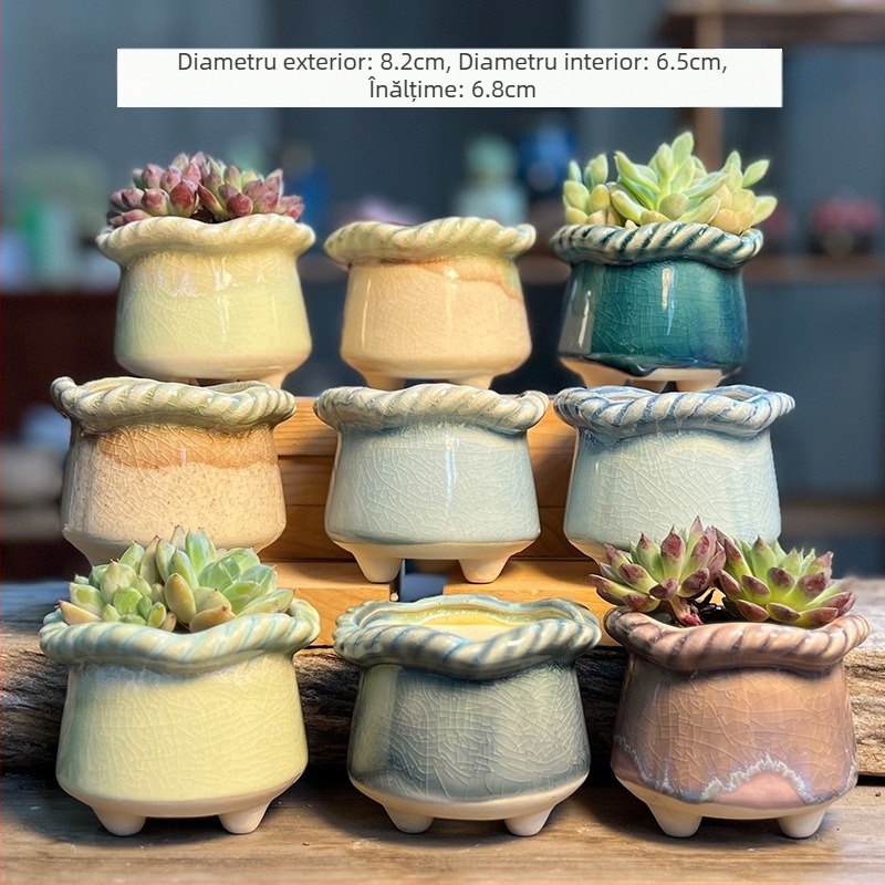 Ghiveci ceramic respirabil pentru suculente, glazură curgătoare, design retro drăguț și creativ, textură împletită, deschidere mică