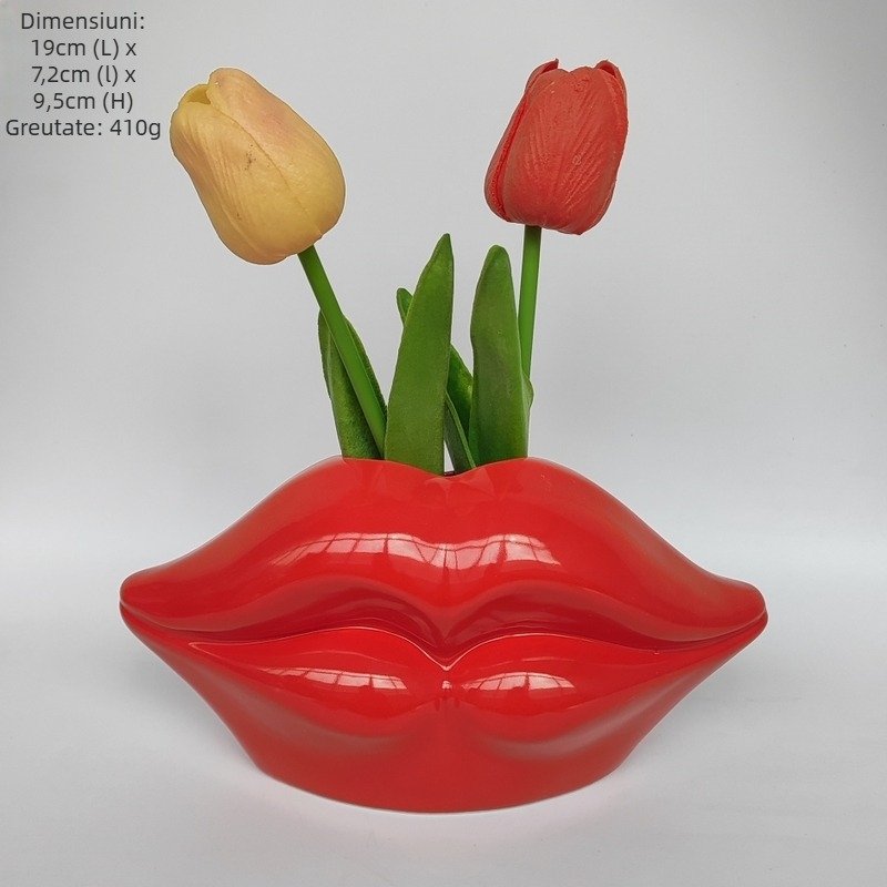Vază ceramică cu buze roșii — stil Nordic minimalist pentru aranjamente florale în living