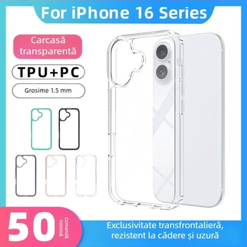 În stoc: Carcasă acrilică transparentă 1,5 mm pentru iPhone 16 Plus, 2 în 1, protecție totală anti-cădere
