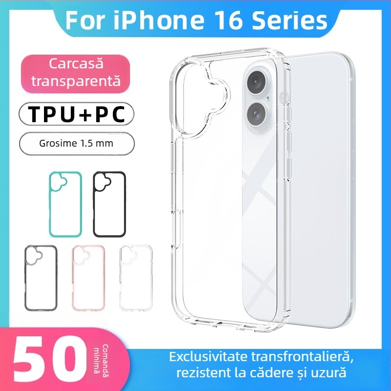 În stoc: Carcasă acrilică transparentă 1,5 mm pentru iPhone 16 Plus, 2 în 1, protecție totală anti-cădere