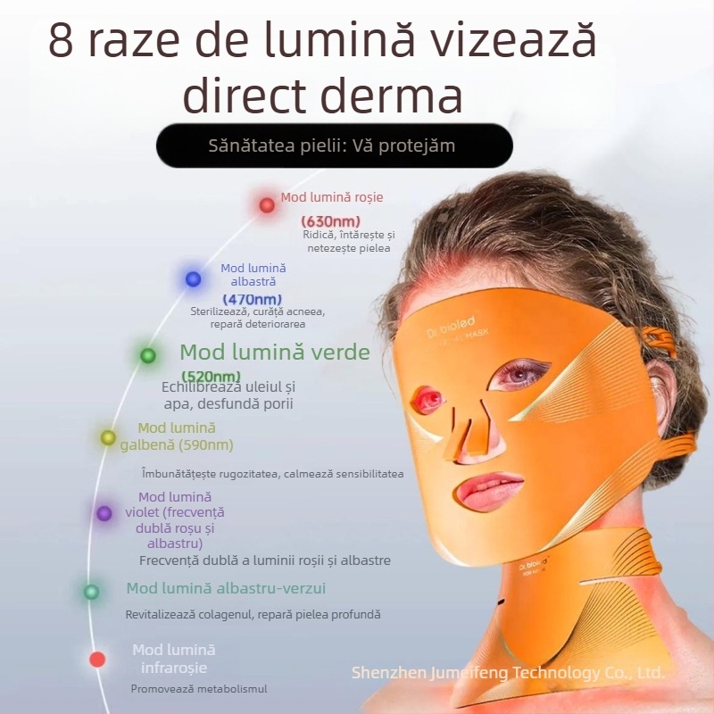 Mască de înfrumusețare cu fototerapie în 8 culori pentru rejuvenarea pielii – mască LED din silicon, pliabilă, cu lumină roșie