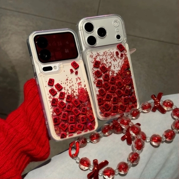 Carcasă pentru telefon cu design Mahjong roșu și auriu, efect nisip lichid și sclipici, stil brățară pentru iPhone 14, compatibilă cu iPhone 17, iPhone 16/15 Pro, iPhone 13