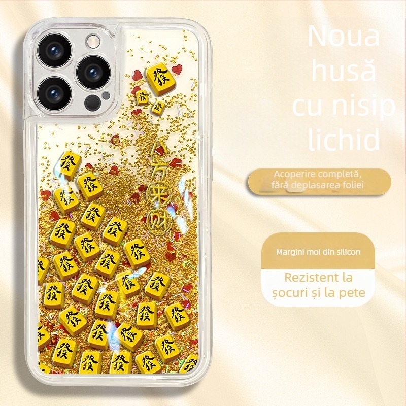 Carcasă pentru telefon cu design Mahjong roșu și auriu, efect nisip lichid și sclipici, stil brățară pentru iPhone 14, compatibilă cu iPhone 17, iPhone 16/15 Pro, iPhone 13