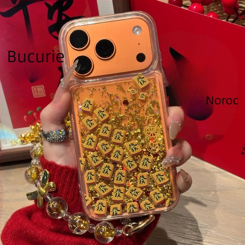 Carcasă pentru telefon cu design Mahjong roșu și auriu, efect nisip lichid și sclipici, stil brățară pentru iPhone 14, compatibilă cu iPhone 17, iPhone 16/15 Pro, iPhone 13