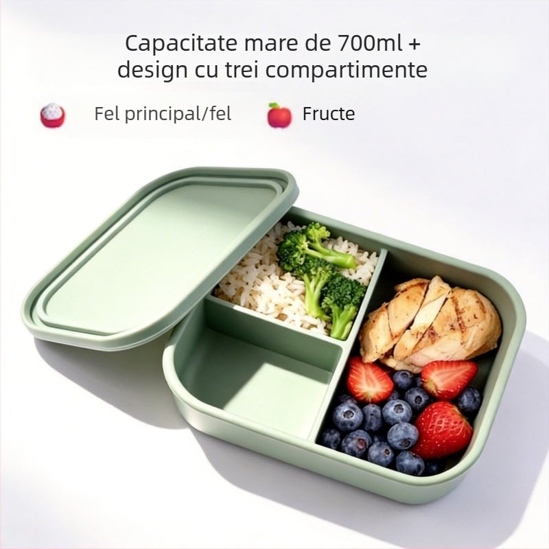 Cutie de prânz din silicon, de calitate alimentară, trei niveluri, 800–1000 ml, compatibil cu microunde, pentru angajați și studenți