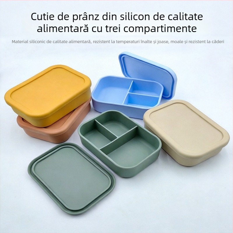 Cutie de prânz din silicon, de calitate alimentară, trei niveluri, 800–1000 ml, compatibil cu microunde, pentru angajați și studenți
