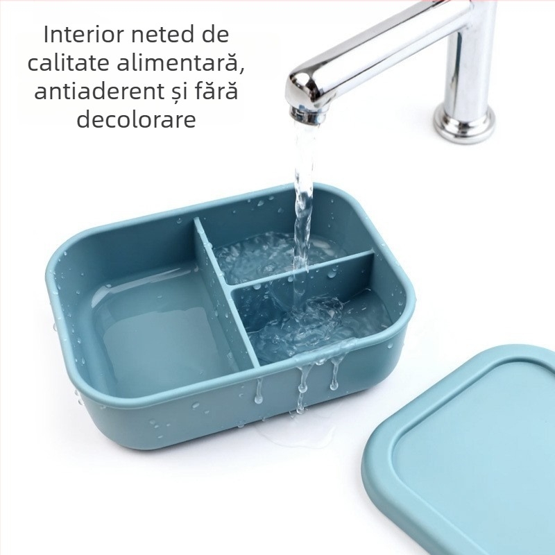 Cutie de prânz din silicon, de calitate alimentară, trei niveluri, 800–1000 ml, compatibil cu microunde, pentru angajați și studenți