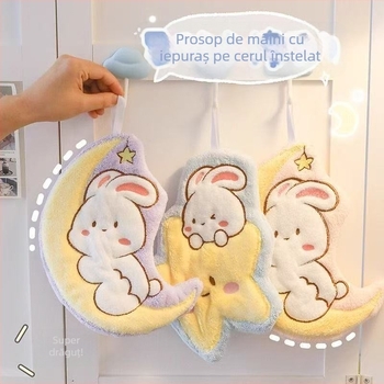 Prosop de mână cu iepuri în desene animate, cer înstelat și lună, din fleece coral, pentru agățare, absorbant pentru uz casnic