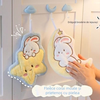 Prosop de mână cu iepuri în desene animate, cer înstelat și lună, din fleece coral, pentru agățare, absorbant pentru uz casnic