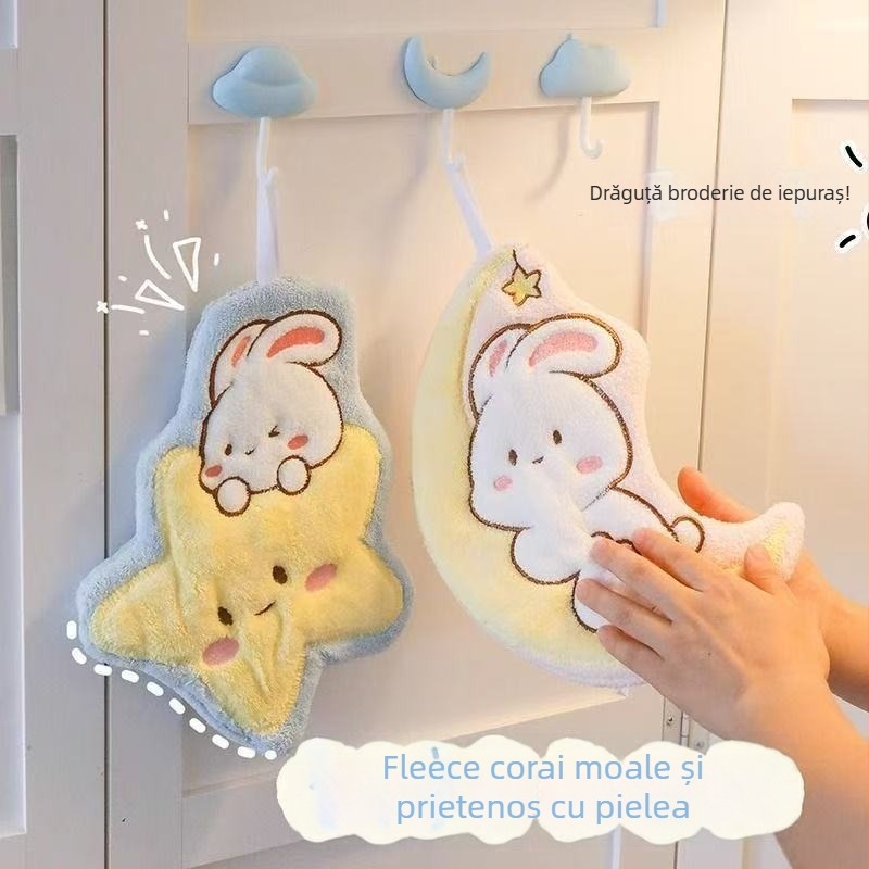 Prosop de mână cu iepuri în desene animate, cer înstelat și lună, din fleece coral, pentru agățare, absorbant pentru uz casnic