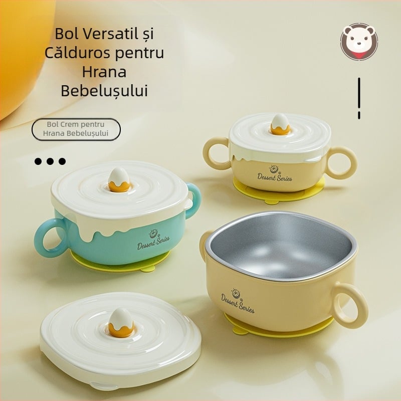 Bol pentru hrănire pentru copii din oțel inoxidabil 316, cu două straturi și mâner