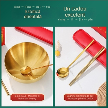 Set din oțel inox auriu cu boluri, bețișoare și linguri într-o cutie cadou