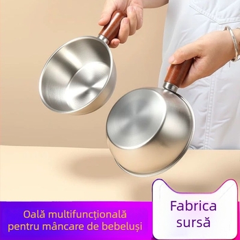 Castron din oțel inoxidabil, în stil coreean, pentru o persoană, cu mâner din lemn, vas rotund mare, multifuncțional
