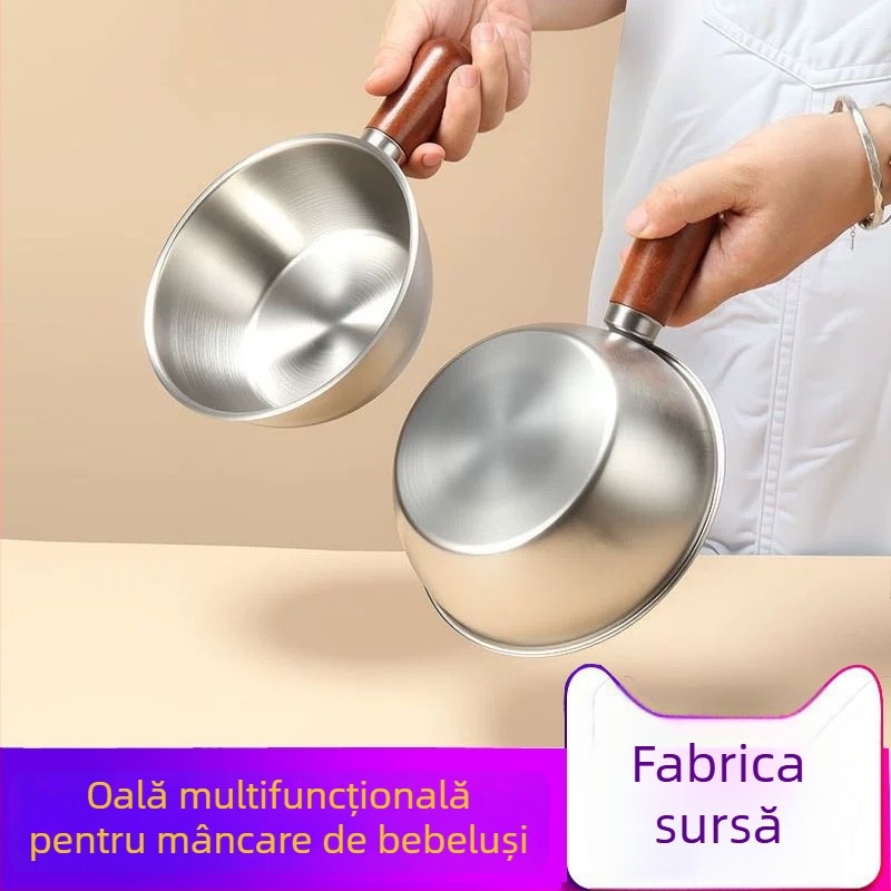 Castron din oțel inoxidabil, în stil coreean, pentru o persoană, cu mâner din lemn, vas rotund mare, multifuncțional