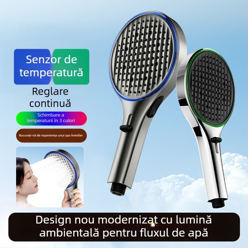 Cap de duș cu lumină ambientală reglabilă prin temperatură, cu duză de mână – presiune înaltă, duș multifuncțional