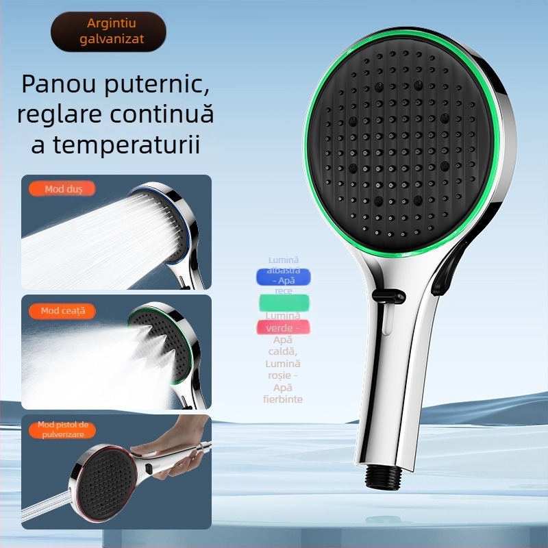 Cap de duș cu lumină ambientală reglabilă prin temperatură, cu duză de mână – presiune înaltă, duș multifuncțional