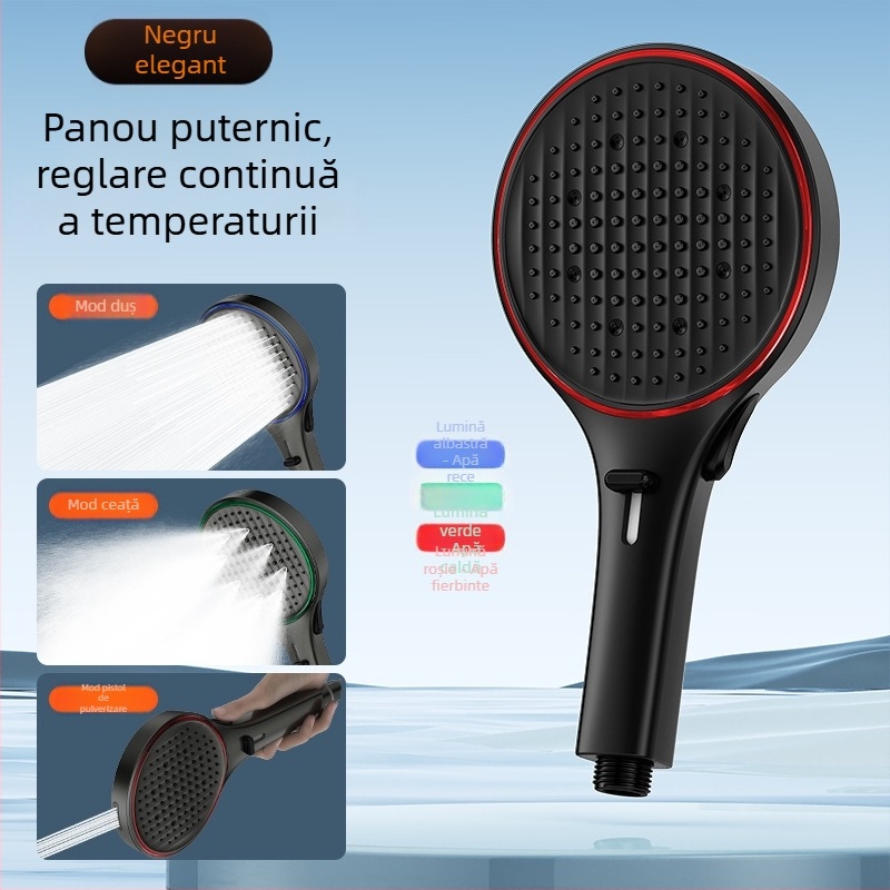 Cap de duș cu lumină ambientală reglabilă prin temperatură, cu duză de mână – presiune înaltă, duș multifuncțional