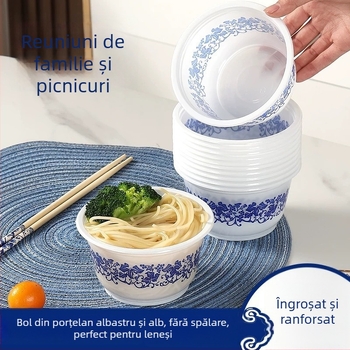 Bol de plastic de unică folosință, design albastru și alb, rotund pentru masă, potrivit pentru nunți, utilizare acasă și petrecere de casă nouă, îngroșat și rezistent la temperaturi înalte