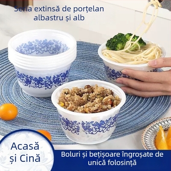 Bol de plastic de unică folosință, design albastru și alb, rotund pentru masă, potrivit pentru nunți, utilizare acasă și petrecere de casă nouă, îngroșat și rezistent la temperaturi înalte
