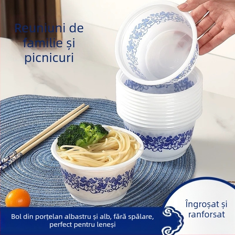 Bol de plastic de unică folosință, design albastru și alb, rotund pentru masă, potrivit pentru nunți, utilizare acasă și petrecere de casă nouă, îngroșat și rezistent la temperaturi înalte