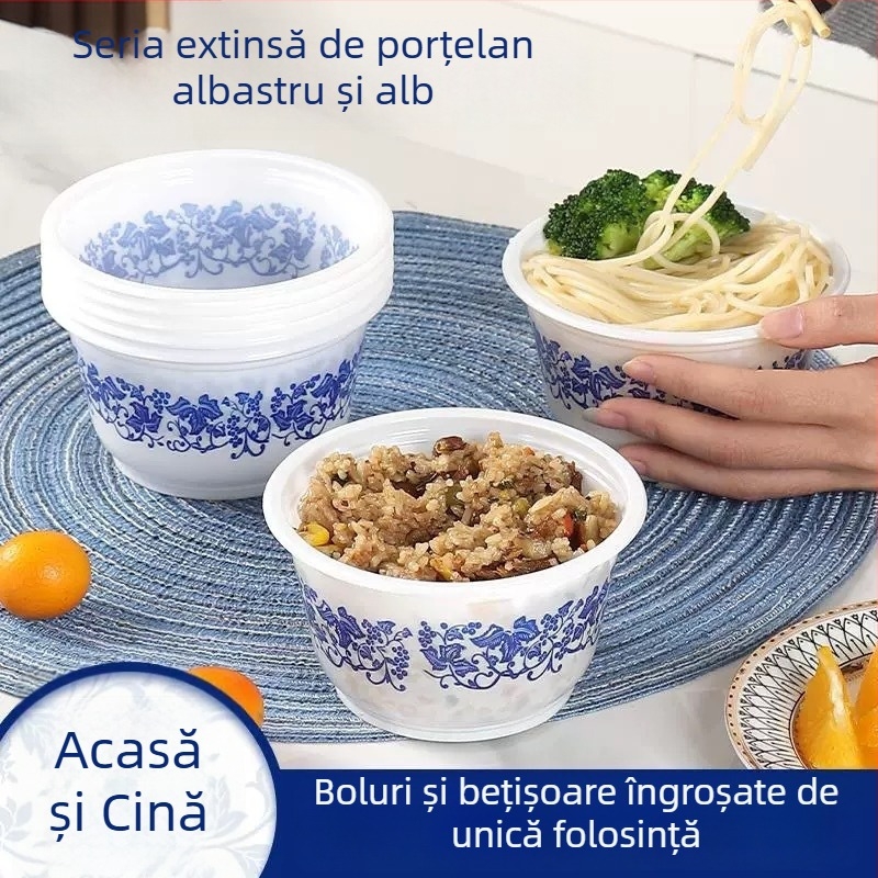 Bol de plastic de unică folosință, design albastru și alb, rotund pentru masă, potrivit pentru nunți, utilizare acasă și petrecere de casă nouă, îngroșat și rezistent la temperaturi înalte