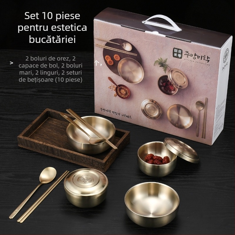 Vas din oțel inoxidabil, dublu strat, izolație; finisaj auriu, bol pentru tăiței reci și farfurie rotundă pentru condimente – set de vase