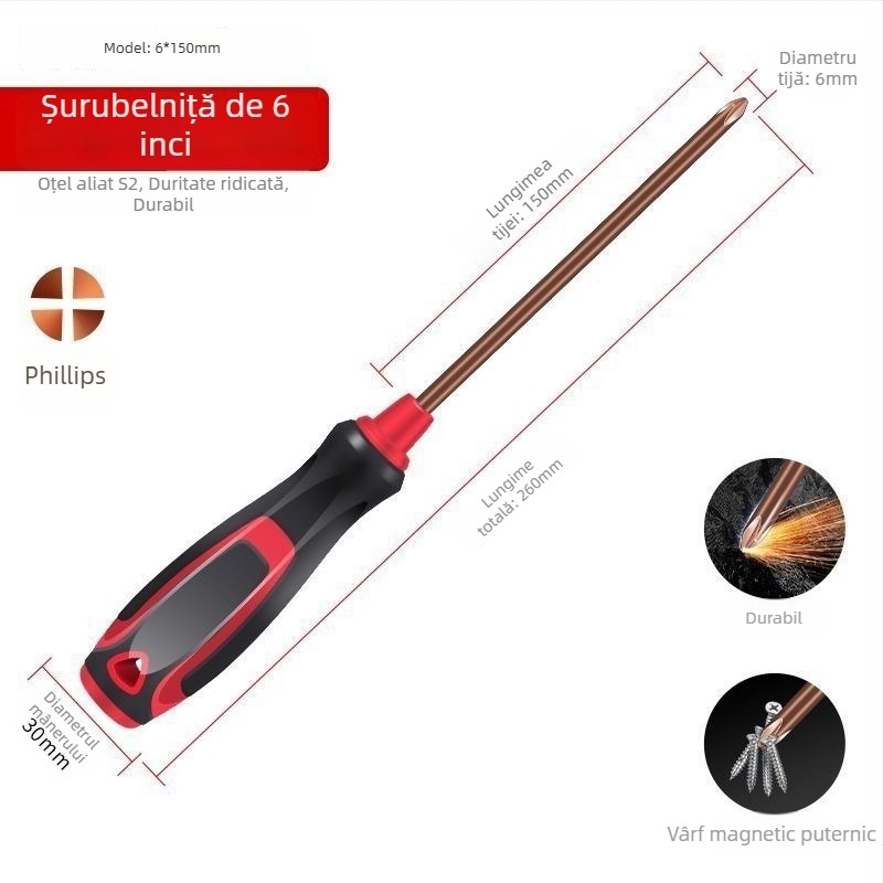Set de șurubelnițe Philips din oțel S2, magnetice și izolate, mâner din plastic, dimensiuni 4 inci, 5 inci, 6 inci și 8 inci