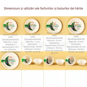 Chenqi Set de veselă din hârtie, de unică folosință — farfurii albe groase, boluri și farfurioare, biodegradabil, de calitate alimentară