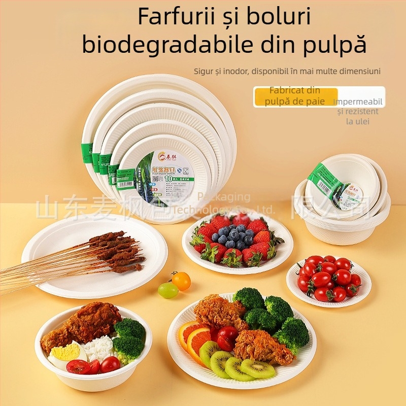 Chenqi Set de veselă din hârtie, de unică folosință — farfurii albe groase, boluri și farfurioare, biodegradabil, de calitate alimentară