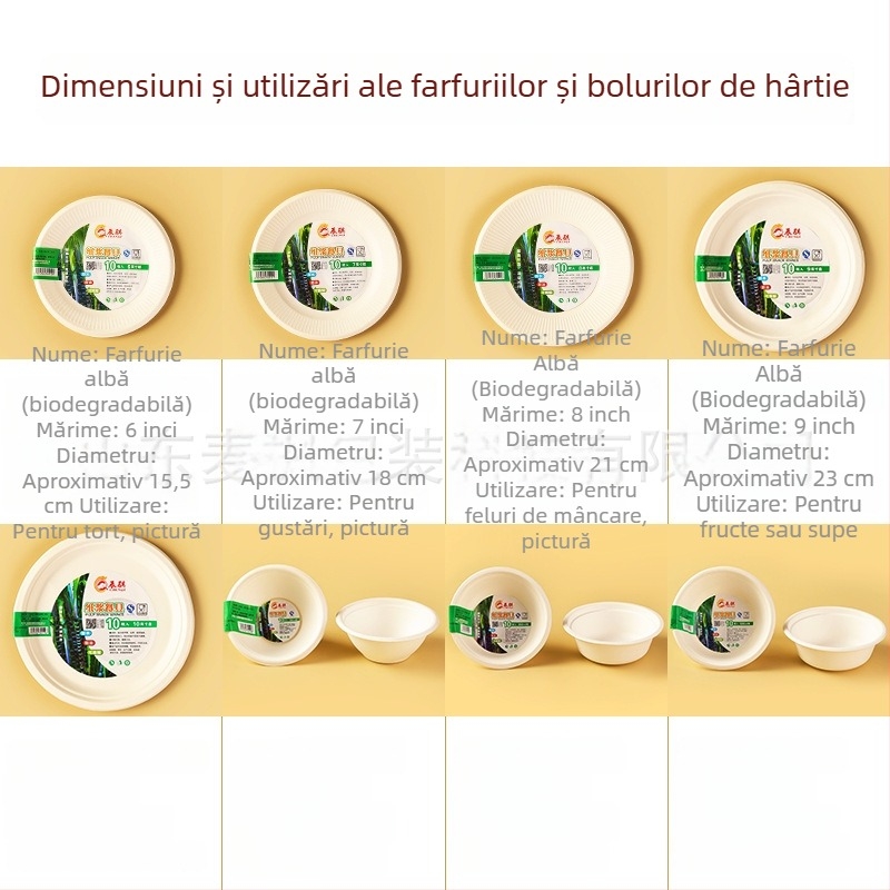 Chenqi Set de veselă din hârtie, de unică folosință — farfurii albe groase, boluri și farfurioare, biodegradabil, de calitate alimentară
