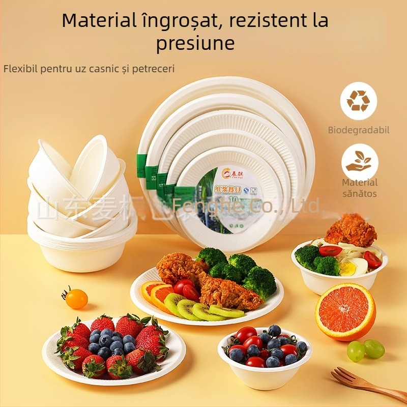 Chenqi Set de veselă din hârtie, de unică folosință — farfurii albe groase, boluri și farfurioare, biodegradabil, de calitate alimentară