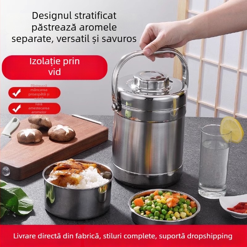 Cutie de prânz din oțel inoxidabil cu izolație în vid, oală de supă cu trei straturi, portabilă pentru studenți