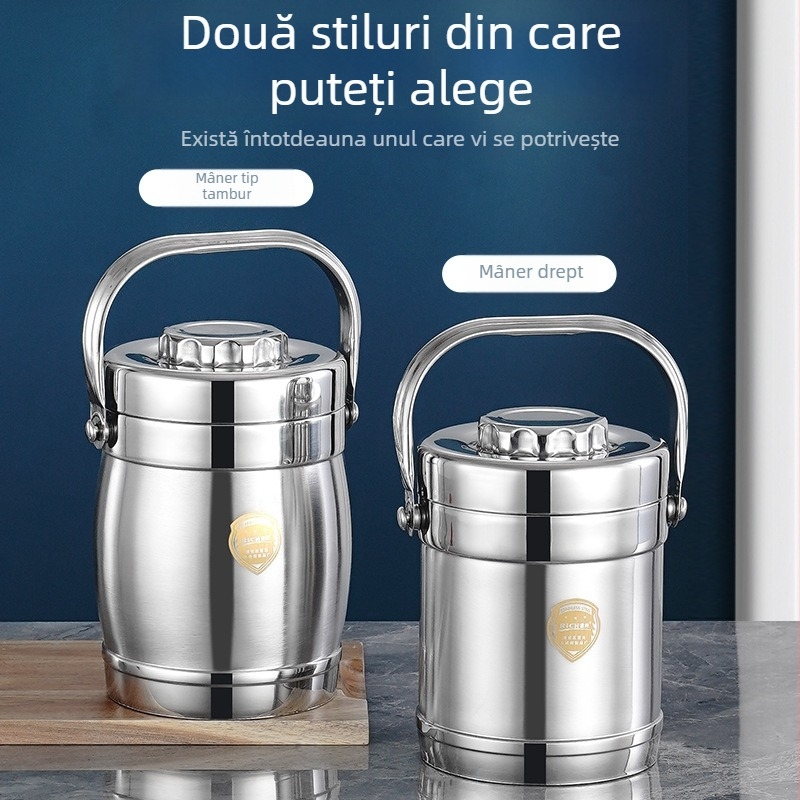 Cutie de prânz din oțel inoxidabil, dublu strat izolant, formă cilindrică tambur, portabilă pentru birou și studenți