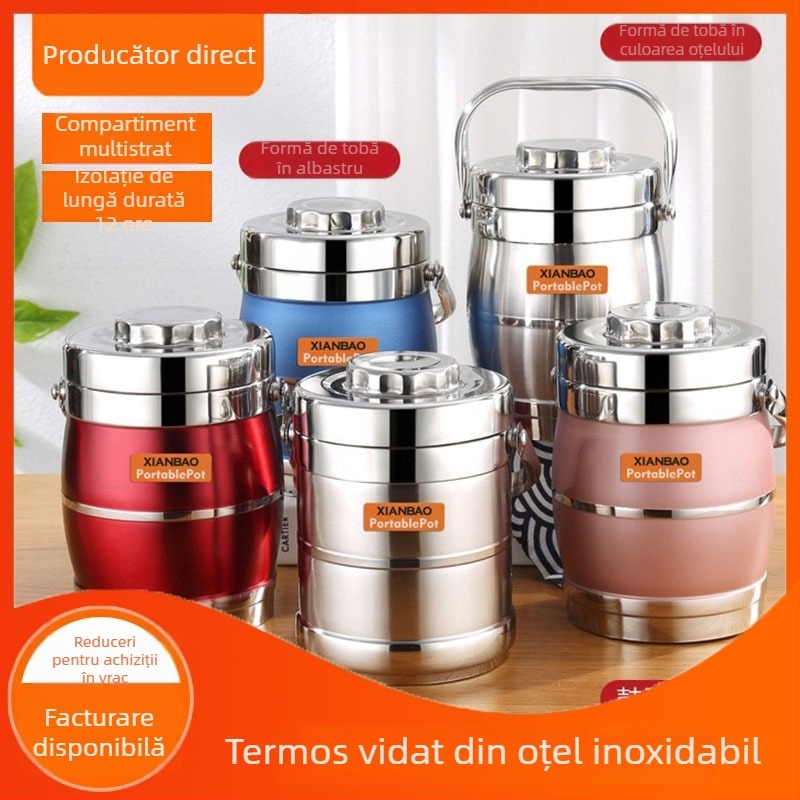 Cutie izolată de prânz din oțel inoxidabil alimentar, cu capacitate mare, recipient pentru orez și coș pentru orez, pentru elevi și uz casnic